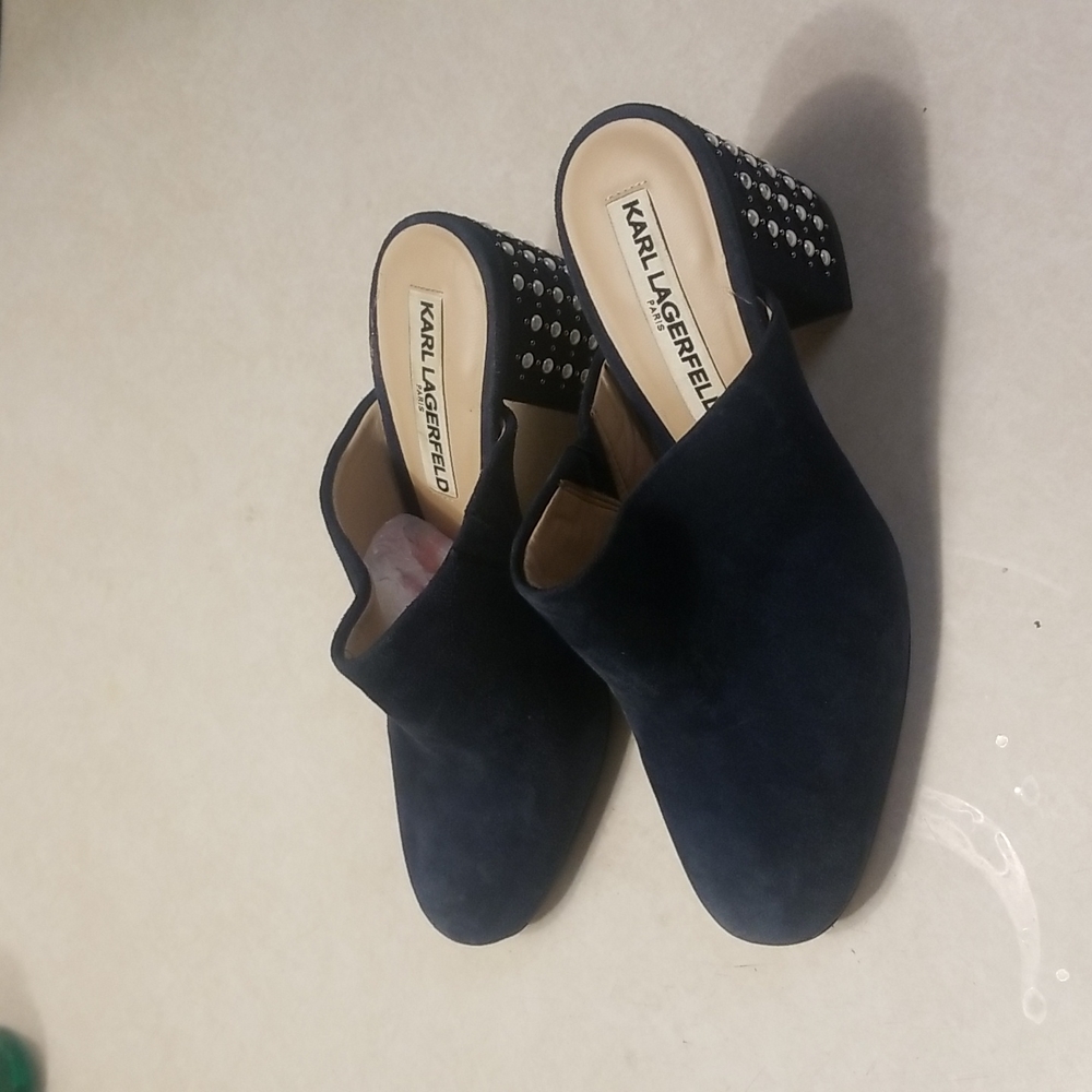 KARL LAGERFELD Serin Embellished Suede Mules teal blue size 5.5